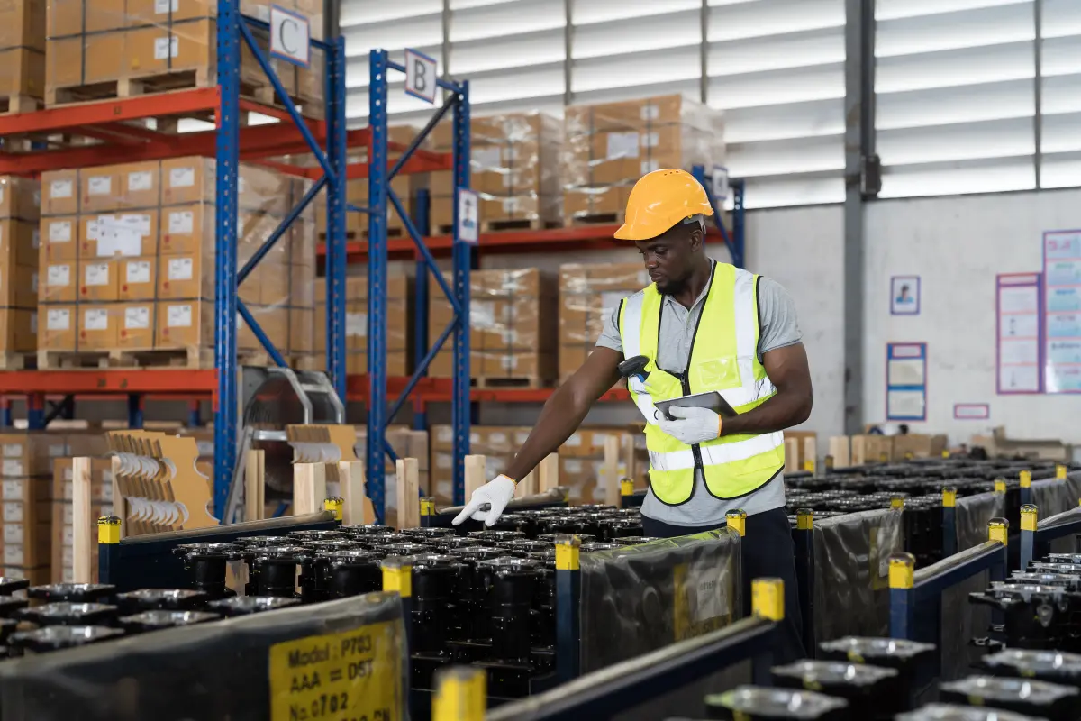 Crated drivetrain components staged for nationwide shipping